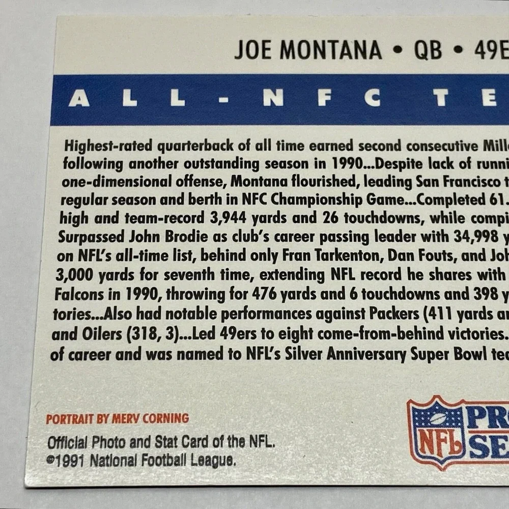 1991 Pro Set Joe Montana Quarterback 49ERS All NFC Team Official‎ NFL Card #387